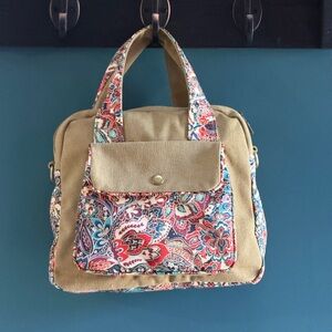 Canvas Satchel Shoulder Bag | Tan & Multicolor Paisley | Front Snap Pocket